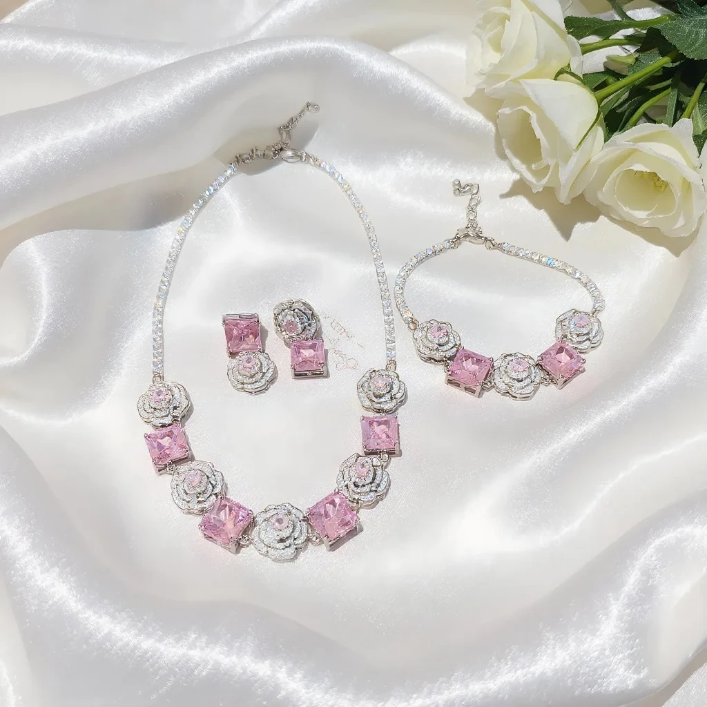 

4pcs Elegant Vintage Jewelry Set for Women Flower Square Necklace Pink Choker Bridal Wedding Bracelet Party Gift