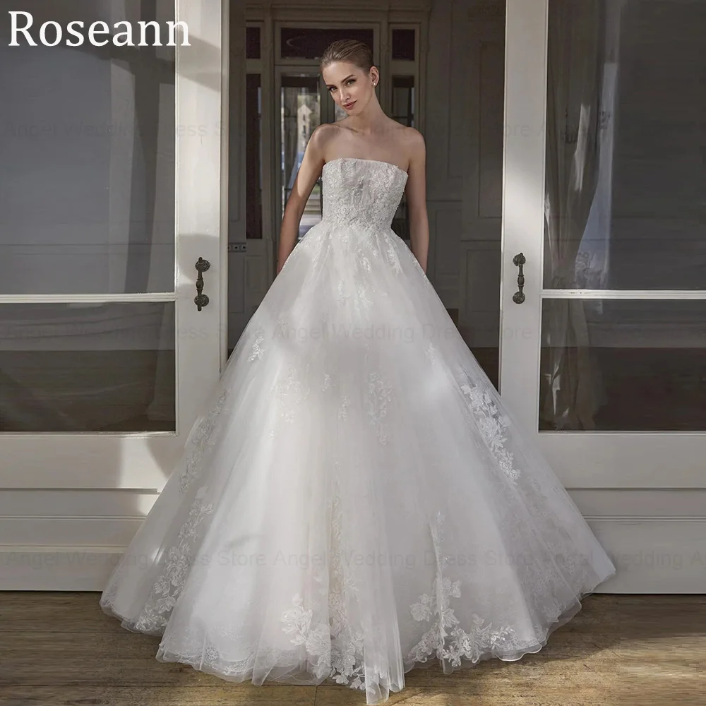 Maßgeschneiderte Luxus-Brautkleider, A-Linie, trägerlos, rückenfrei, Reißverschluss, Spitze, Applikationen, lange Brautkleider, Sweep-Zug, Vestido de Novia