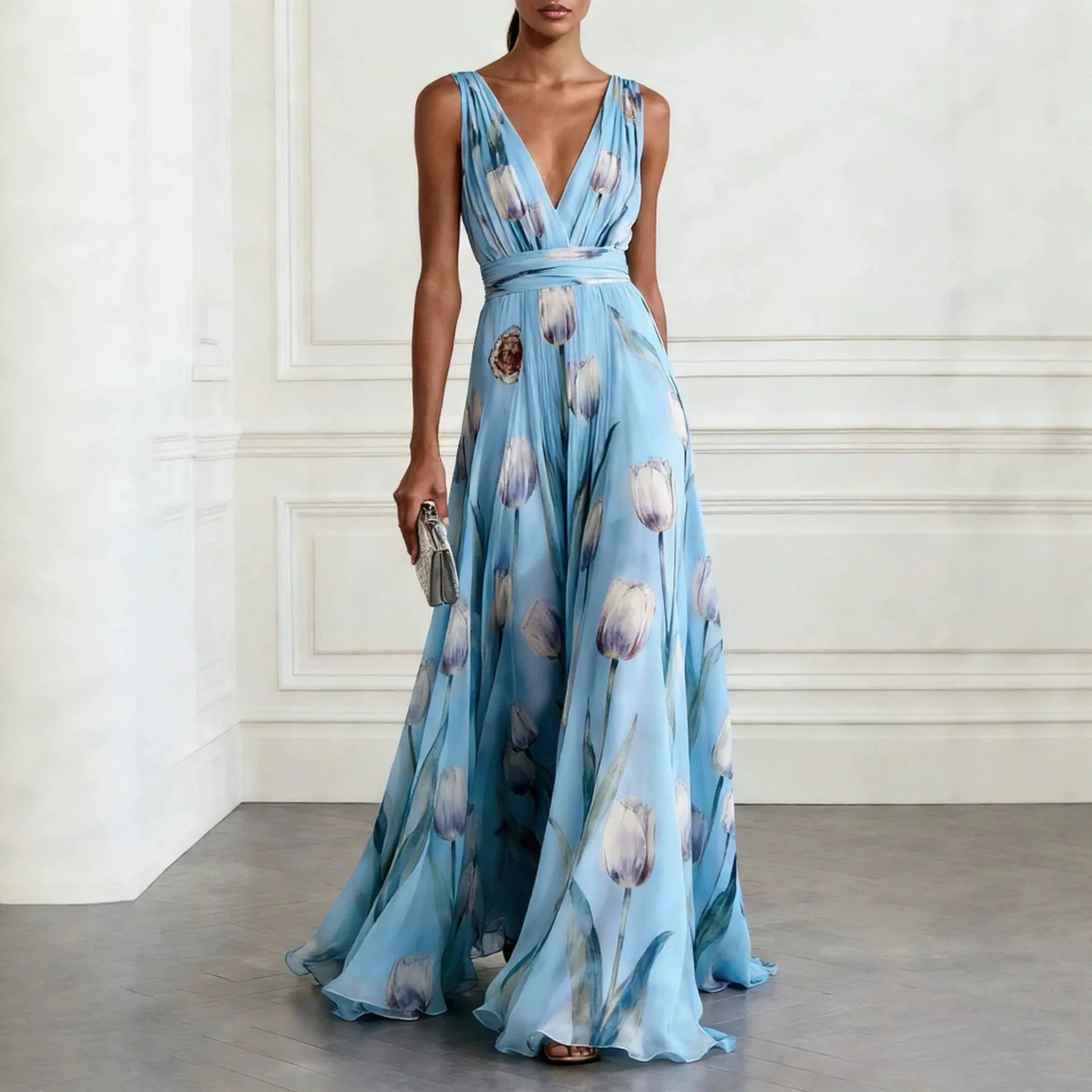 

V-neck Sleeveless Tunic Hem A-line Fashion Printed Dress Women Summer New Style Beach Vacation Formal Evening Elegant Long Dress