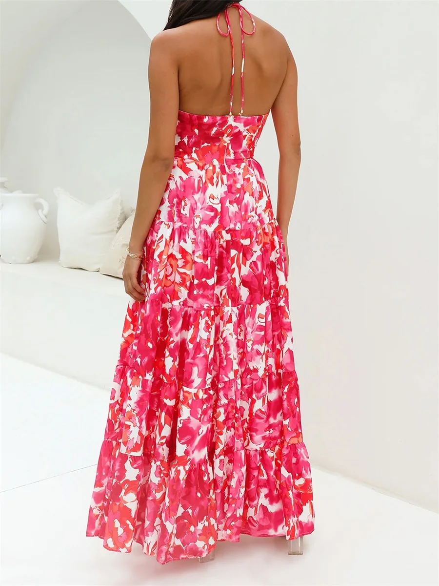 Women Long Dress, Sleeveless Halter Dress Backless Flower Print Hollowed Summer Swing Dress