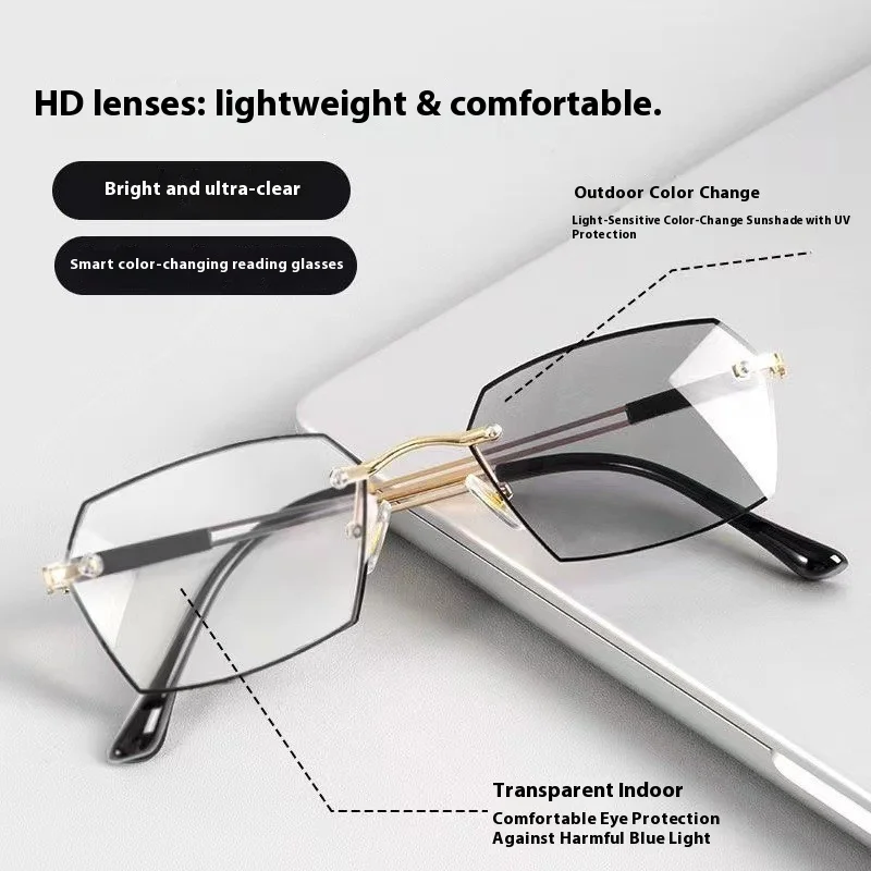 Modische Presbyopie-Brille, photochrome rahmenlose, ultraleichte Anti-Blaulicht-Lesebrille für ältere Menschen