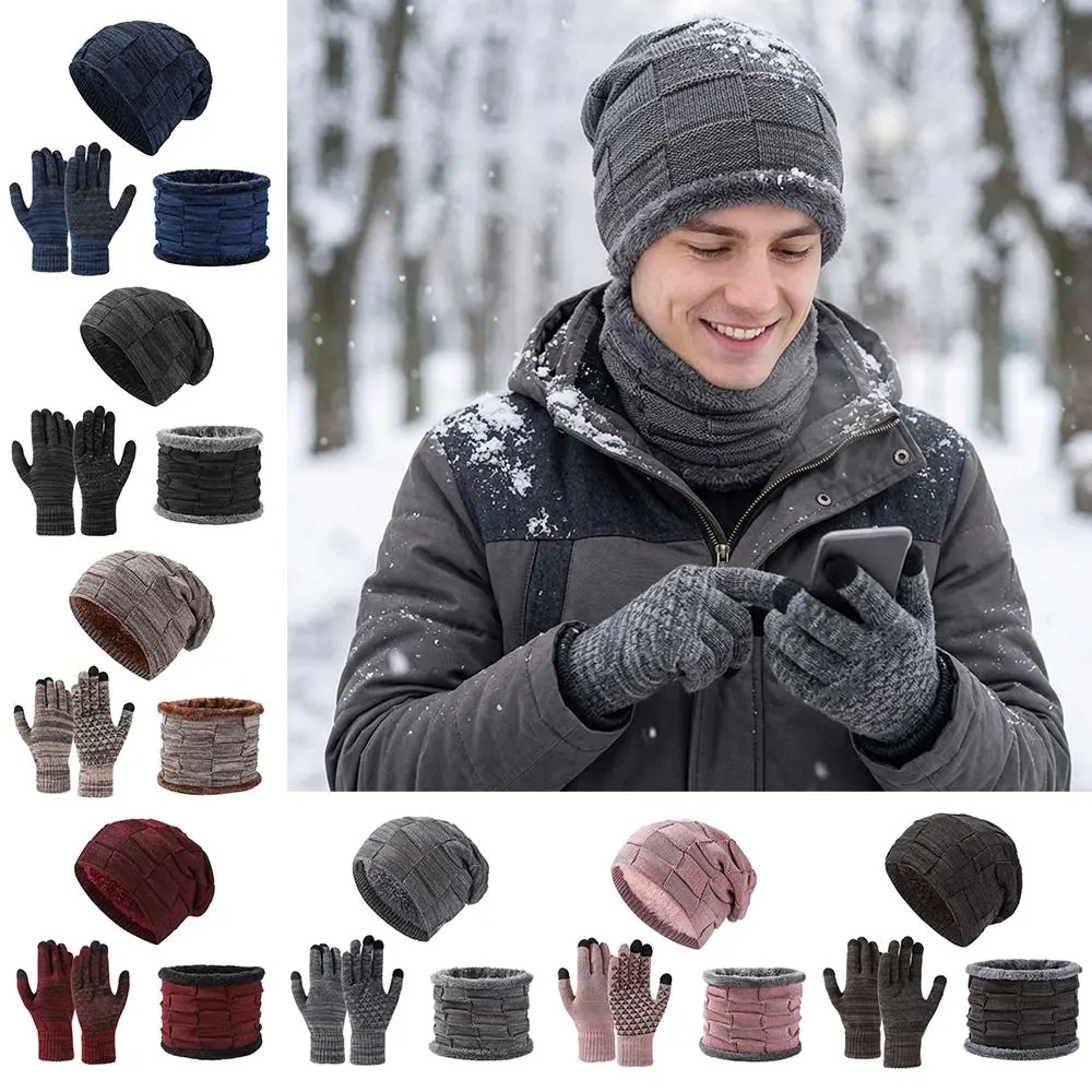 Set 3 Buah/Set Sarung Tangan Syal Topi Musim Dingin Hangat Set Syal Tebal Penghangat Leher Set Beanie Rajut Elastis Tahan Angin
