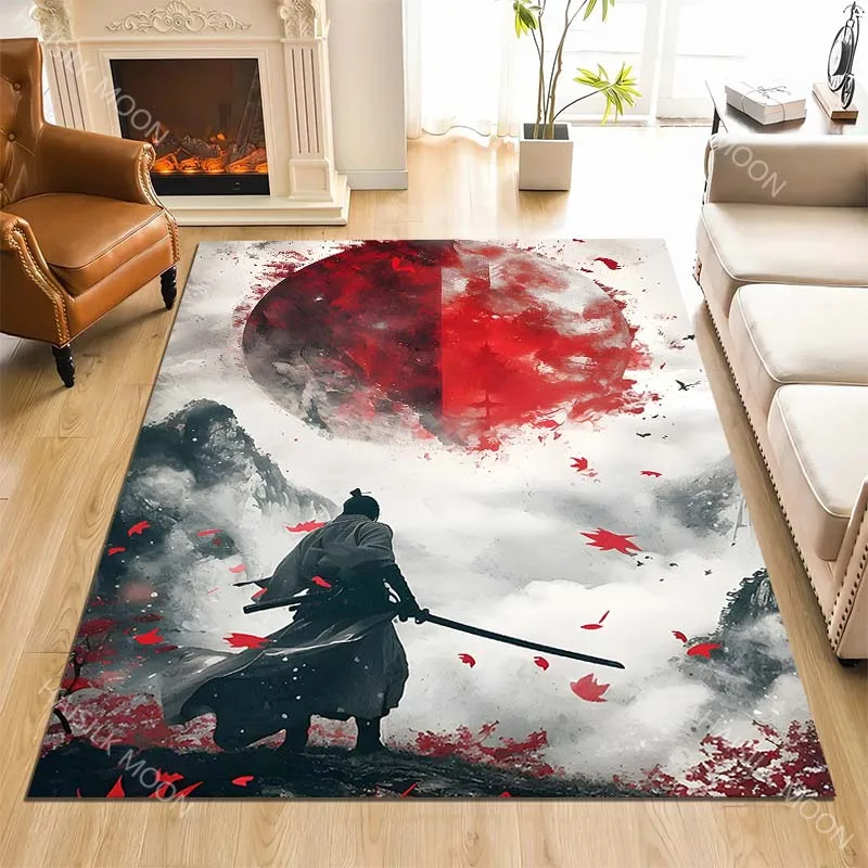 Teppich mit Samurai- und rotem Mond-Print für Wohnzimmer, Schlafzimmer, Sofa, Fußmatte, Heimdekoration, rutschfeste Bodenmatte