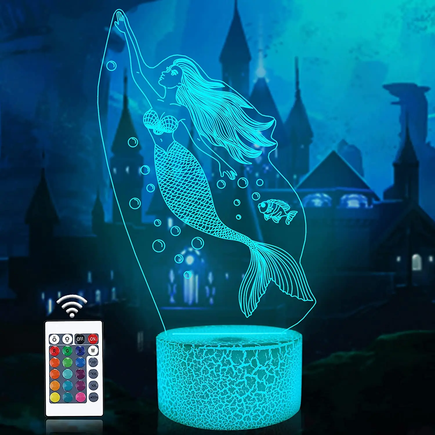 Mermaid 3D Illusion Lamp, Princess Night Light with Remote Control 16 Color Changing Desk Lamps Kids Fairy Room Decor Festival