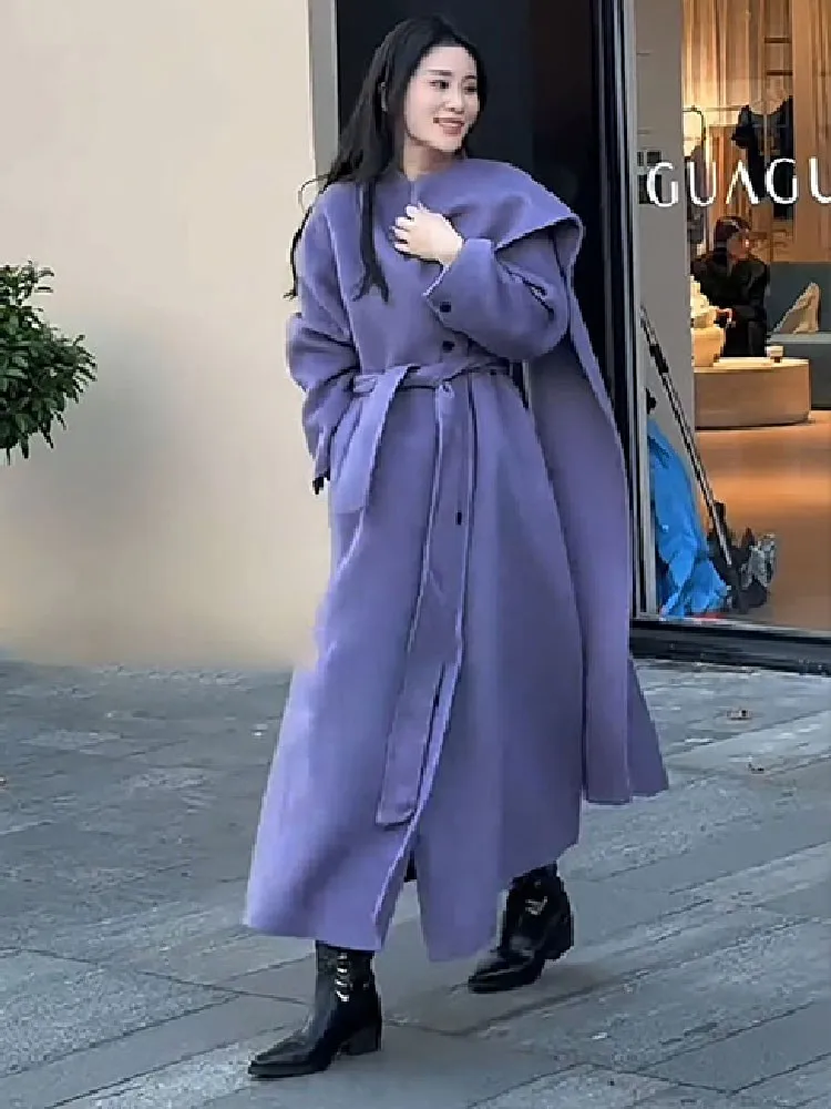 Herfst Winter Vrouwen Wollen Lange Jas Loose Fit Sjerpen Mode Mantel Kantoor Dames Elegante Stand Kraag Windbreakers Overjas