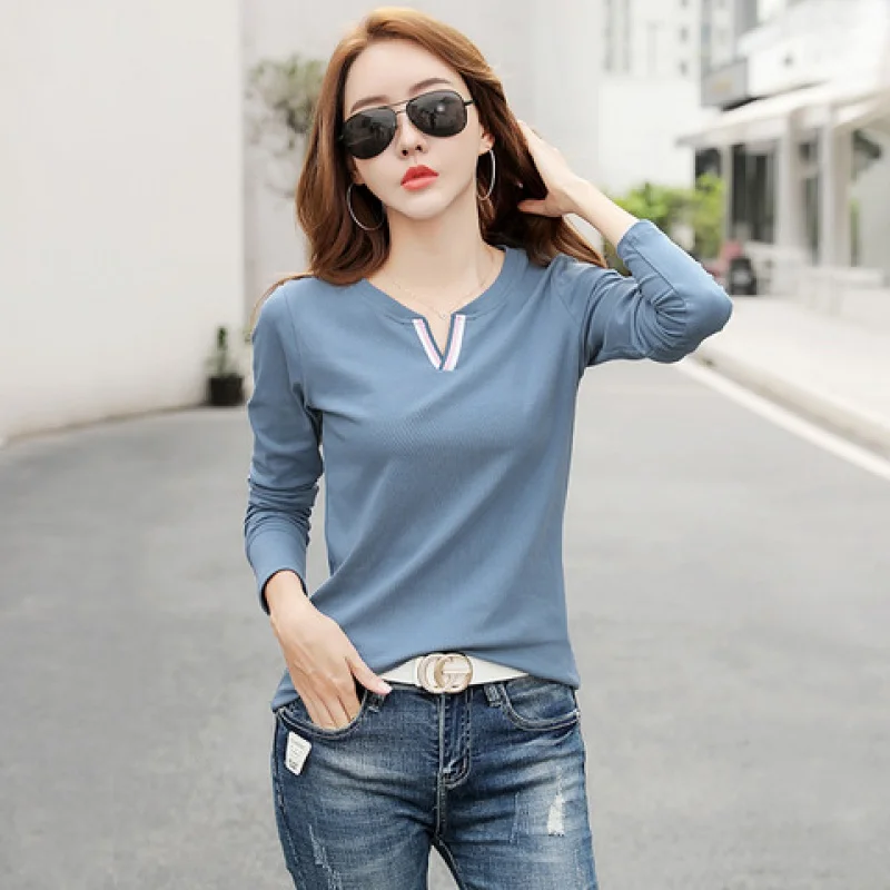 

2023 Fall Fashion Women's New Cotton V-neck Long Sleeve T-shirt Korean Regular Slim