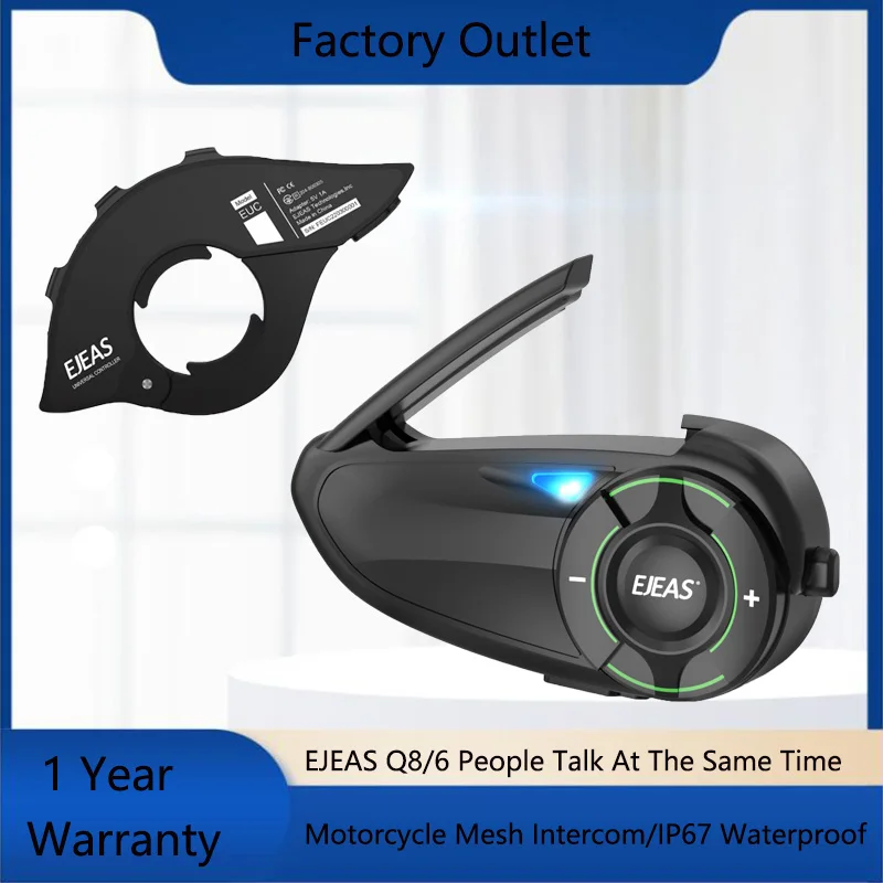 EJEAS 1Pc Q8 Motorcycle Mesh Intercom with EUC Remote Walkie Talkie IP67 Waterproof Bluetooth Interphone Headset  for 6 Riders