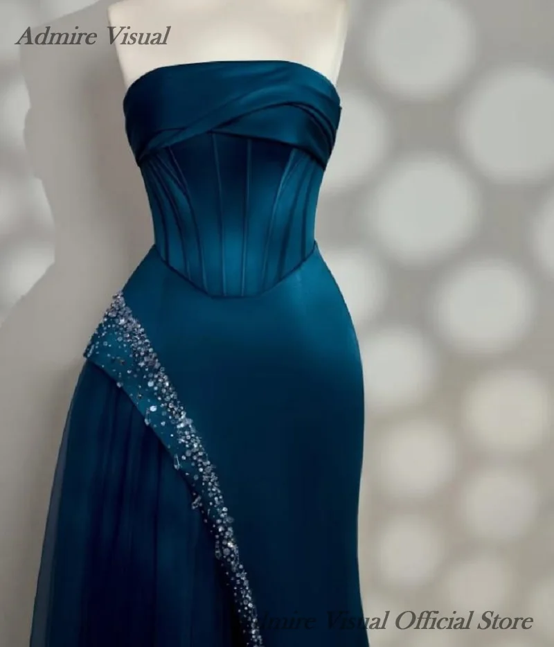 비주얼 롱 프롬 드레스, 머메이드 보트 스트랩리스 슬리브리스, 스플릿 디자인의 우아한 특별한 날 드레스