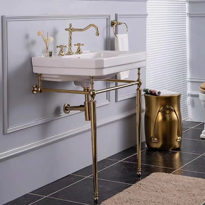 British European Style Gold Retro Wash Basin Brass Bracket Wash Basin Toilet Floor Table Basin Bathroom Cabinet