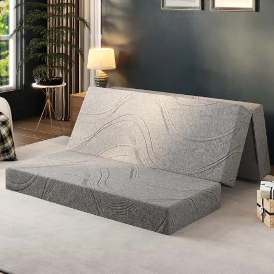 Queen size folding mattress topper for guest and Murphy bed use, memory foam trifold design with washable cover and non-slip ba