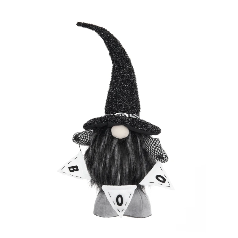 

Halloween Witch Hat Gnome Doll with "BOO" Banner Plush Ornament for Halloween Decor Single Box Product Design by Bruce