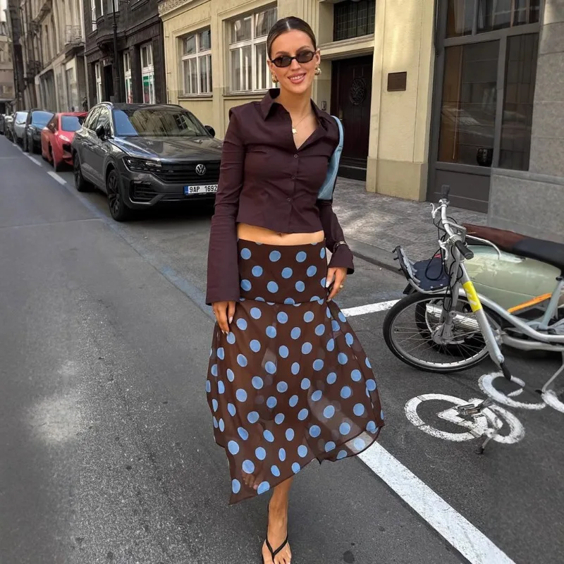 Ticketsx Blue Polka Dots Skirt Women's Irregular Mesh See Through High Waist Long Skirt Female Fashion Retro Elegant Chic Skirts