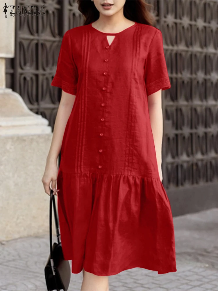ZANZEA Casual Ruffled Hem Knee-length Dress 2024 Summer Holiday Short Sleeve Lace Patchwork Sundress Women Fashion Solid Vestido
