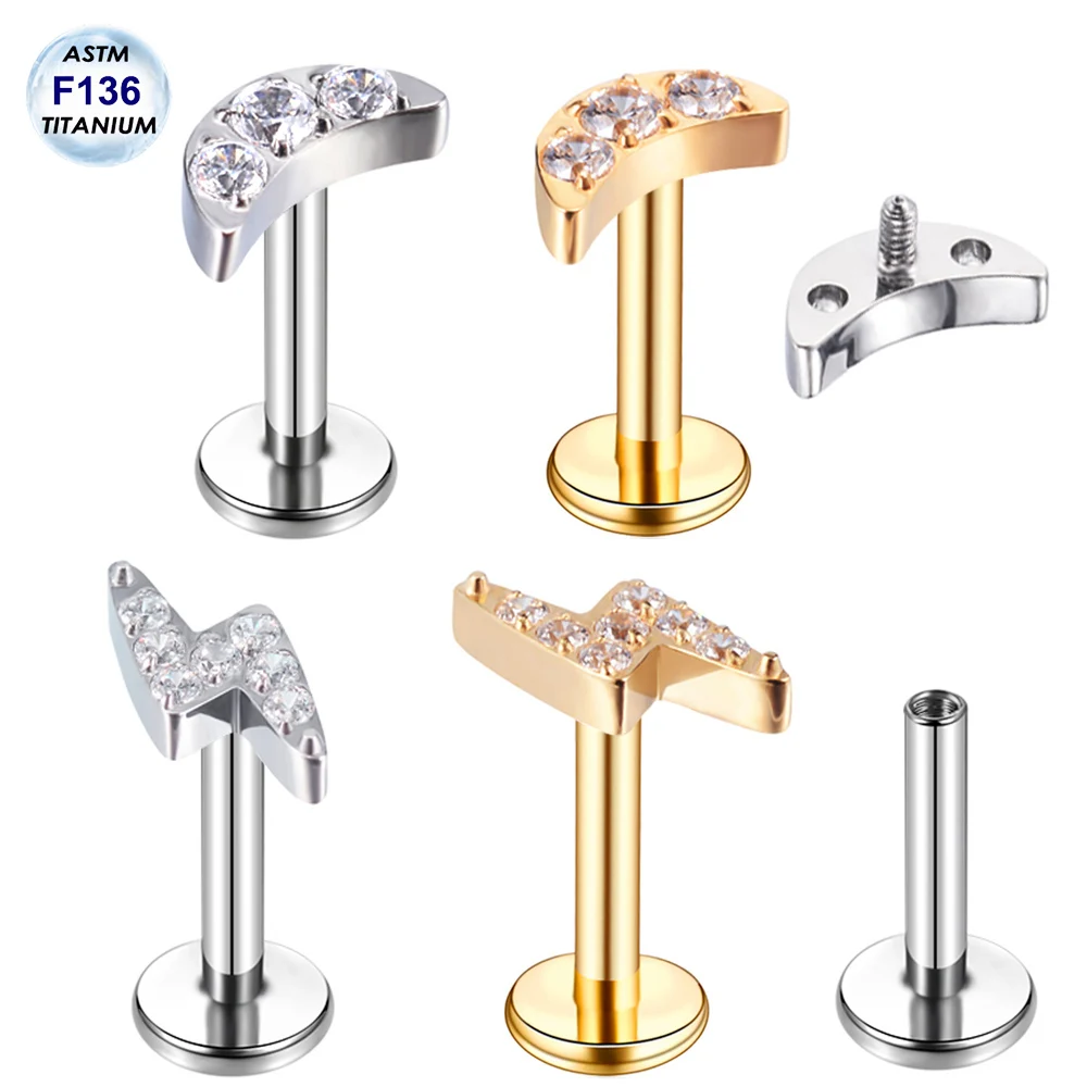 1.2x4/6/8/10mm Implant Grade F136 Titanium Jewelry CZ Thunder Moon Nose Stud Helix Piercing Cartilage Tragus Piercing Labret Bar