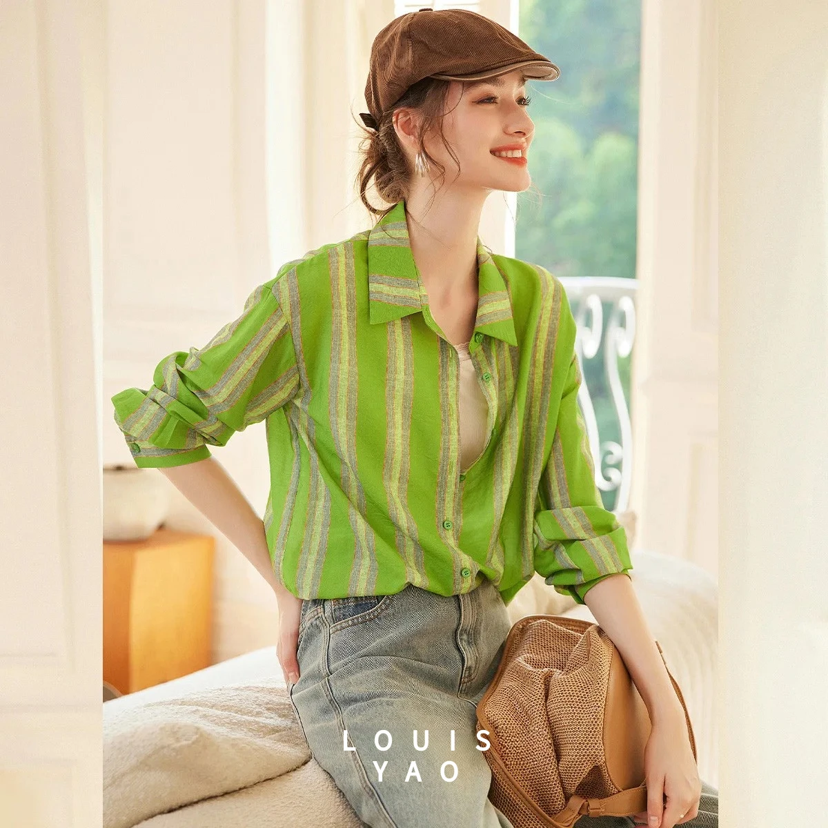 

LOUISYAO Vintage Stripes Women's Shirt 2025 Spring Lapel Single Breasted Contrasting Colours Long Sleeve Blouse Women Top