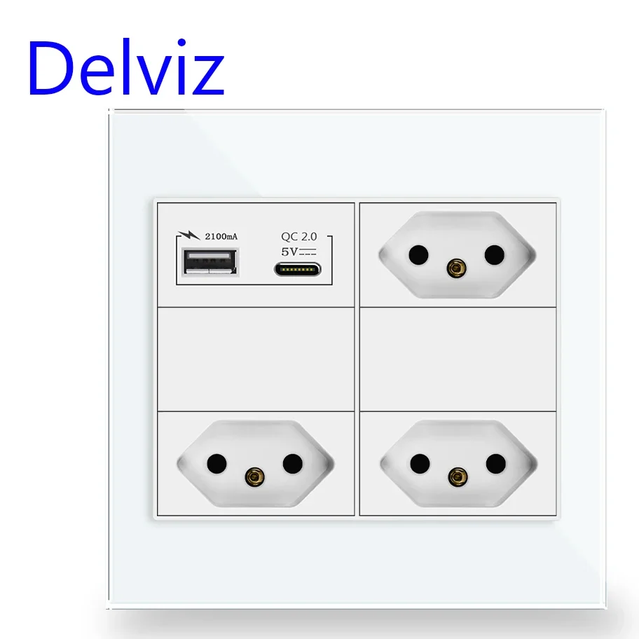 Delviz Brazil Standard Power Outlet,10A/20A AC110V~250V,120mm*120mm Glass Panel, USBC Charging, Electric Plug Triple Wall Socket