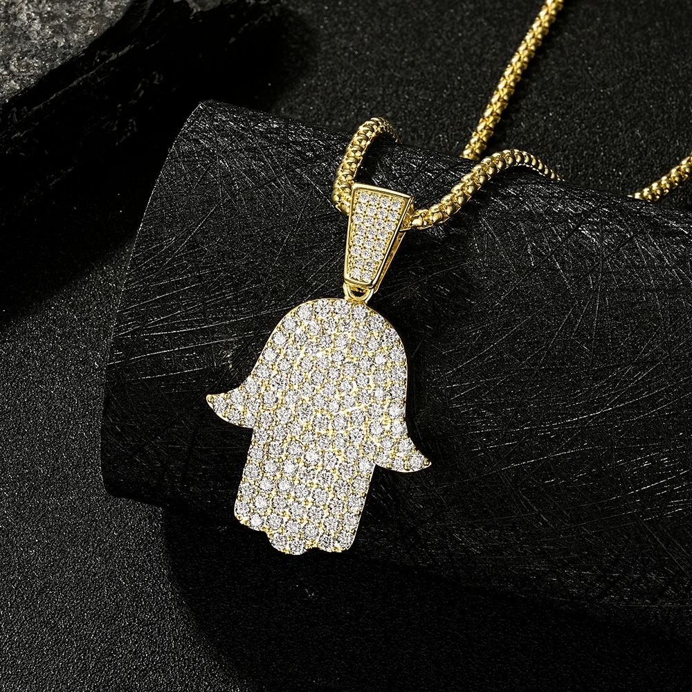 OXTAO Sparkling Moissanite Hip-hop Necklace Palm-Shaped for Women D VVS1 Luxury Pendant Necklace 14K Gold Filled with Certified