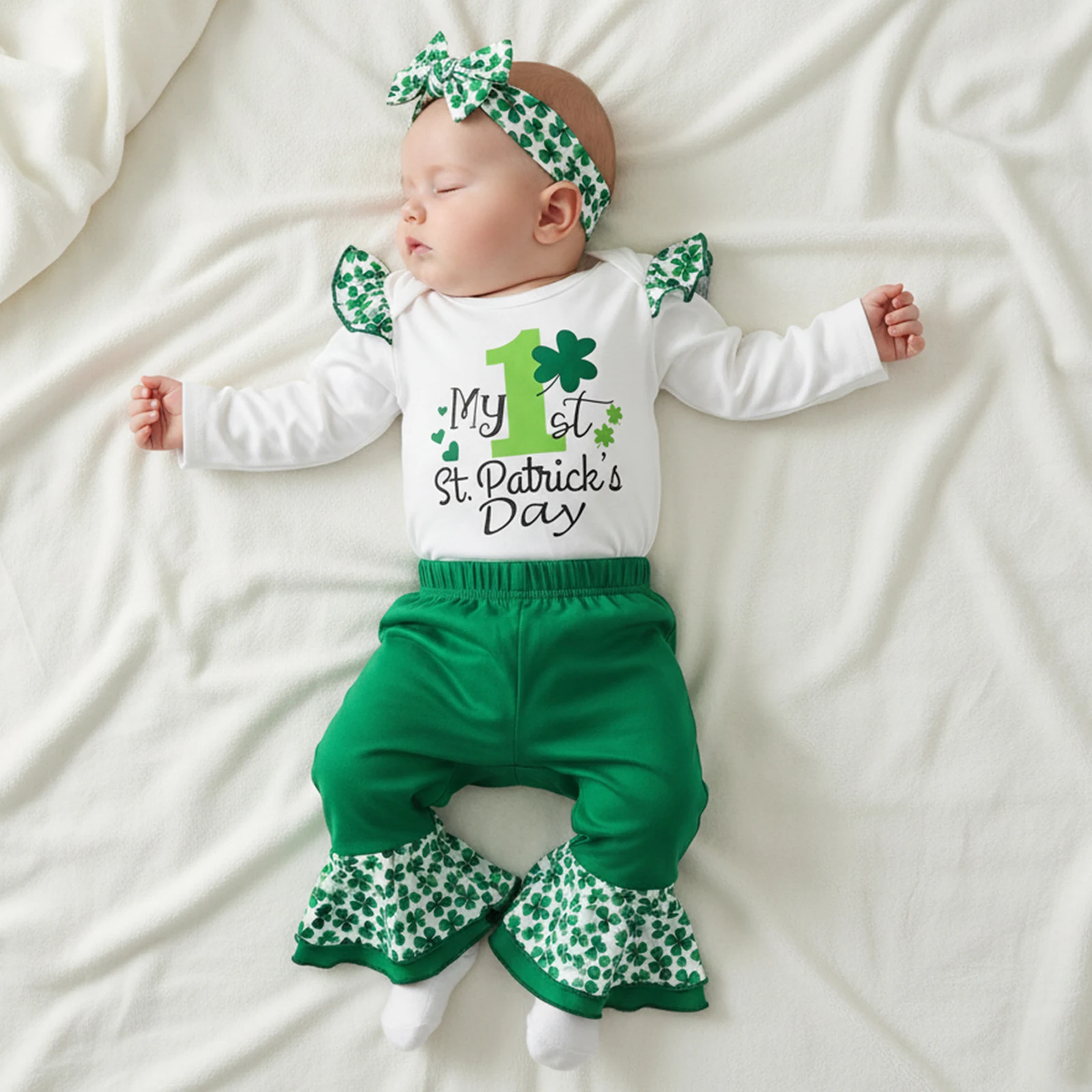 Baby Girls Spring Outfits Long Sleeve Ruffle Romper + Flare Pants + Headband Set Newborn Baby St. Patrick's Day Costume Clothes