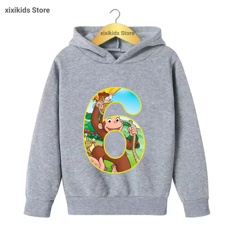 Funny Kawaii Kids Clothes Curious George 3th/4th/5th/6th/Th Birthday Gift Printed Cap Hoodies Spring/ Autumn/Winter Sweatshirt