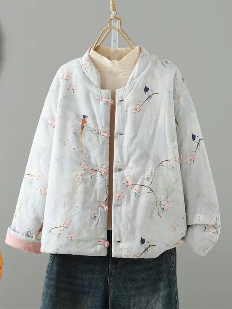 

Double-Sided Wear Chinese Sle Floral Print Thiened Cotton Jaet Women's Winter High-End Sandwich Cotton Outerwear