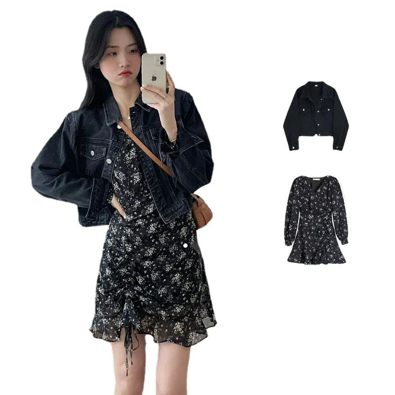 Sweet and Spicy Chiffon Drawstring Long Sleeve Floral Dress Set Women's Spring New Do-Over Black Denim Jacket + Floral Dress