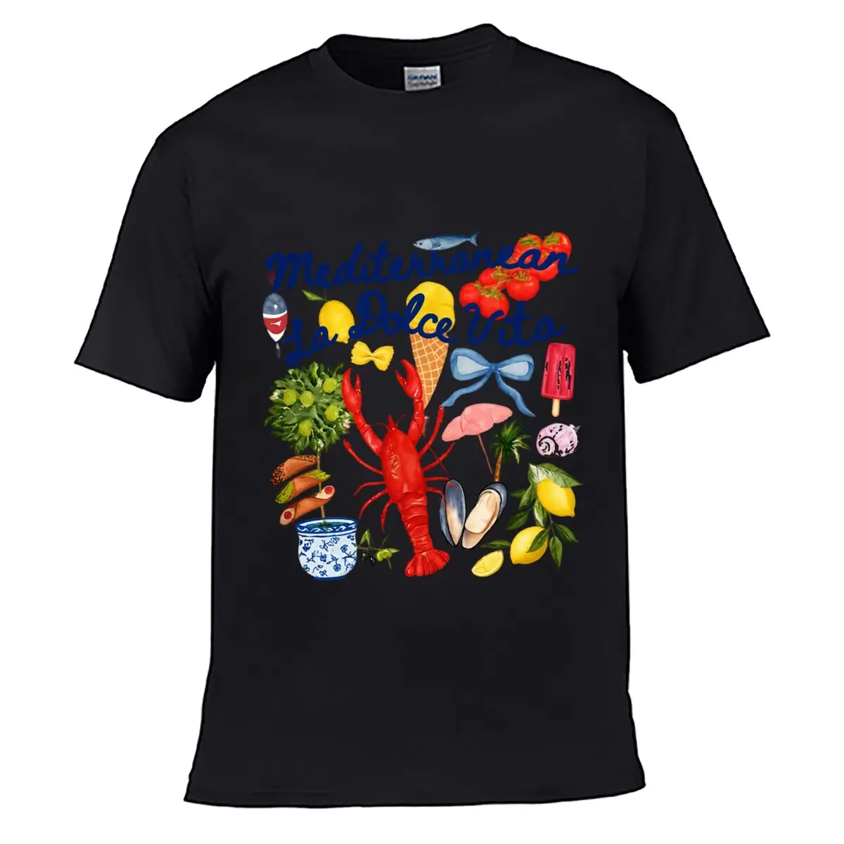Mediterranean La Dolce Vita Italian Seafood Citrus Food Collage Men Summer T-shirt Top