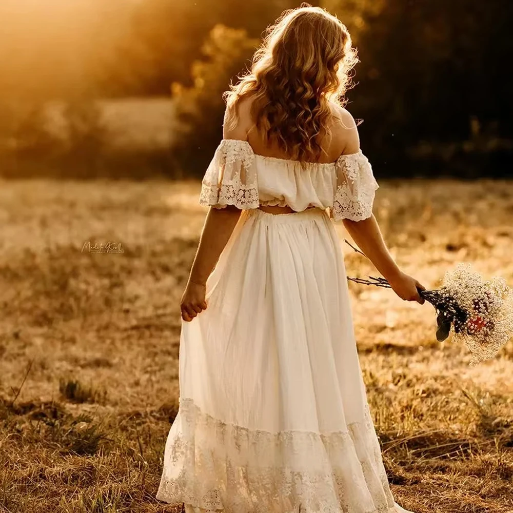 

Vintage Lace Cotton 2 in 1 Sets Pregnancy Dresses For Maternity Photo Session Boho Style Pregnant Woman Photogrpahy Props Dress