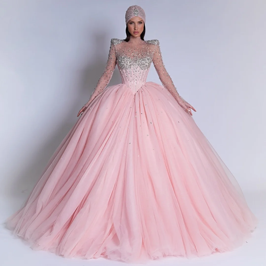 

Роскошные вечерние платья, женское бальное платье из тюля с кристаллами, платье для выпускного вечера, изысканное свадебное платье с длинными рукавами, Vestidos по индивидуальному заказу