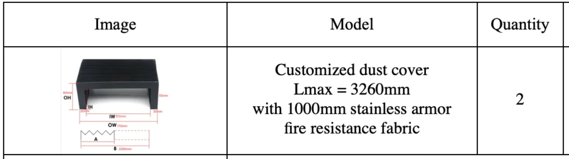 2 шт. индивидуальная крышка с ЧПУ-аккордеон Lmax = 3260 мм с броней из нержавеющей стали 1000 мм