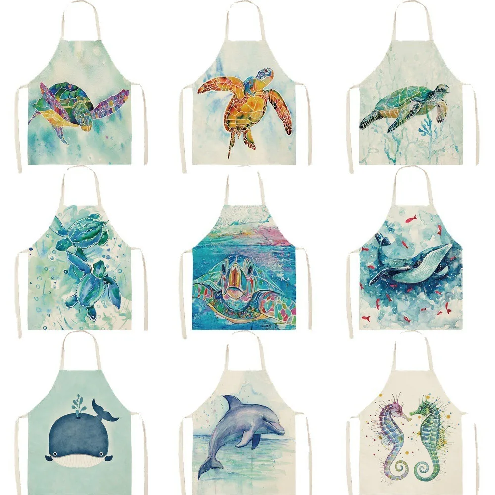 Creative sea animal turtle print pattern sleeveless apron home cleaning bib kitchen cooking linen oil-proof apron