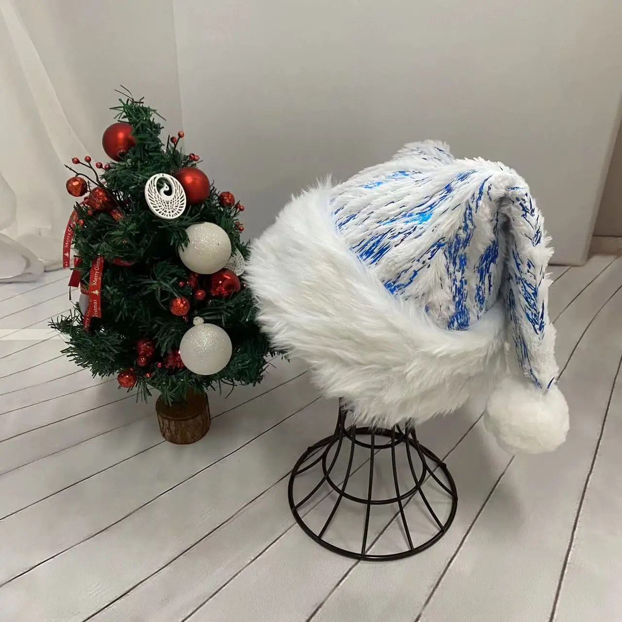 Plush Hat for Adult, Bronzing Striped, Fur-Brimmed, Party Atmosphere, Xmas Costume, Pompom Santa, 30x45cm