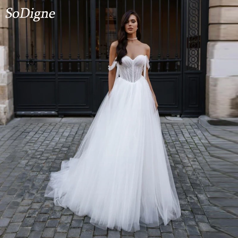 

SoDigne A-line Sweetheart Tulle Wedding Dresses Off Shoulder Sleeveless Pearls Bridal Dress Long Wedding Gown Custom Made