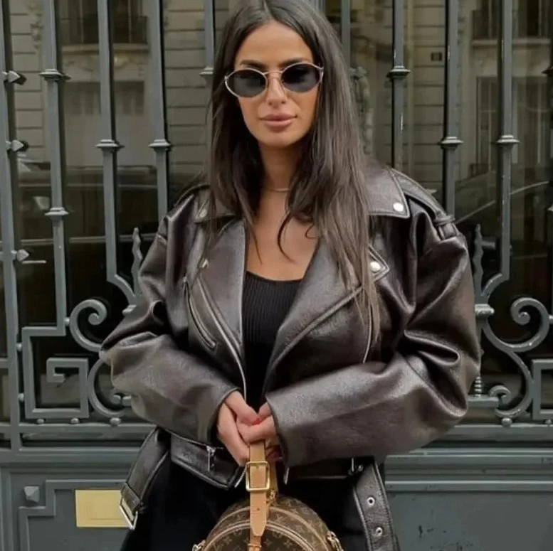 

Women Leather Jacket Vintage Moto Biker Coat Faux Spring Autumn Soft Short Jacket Retro Female Zipper Belt Outwear Tops Ladies