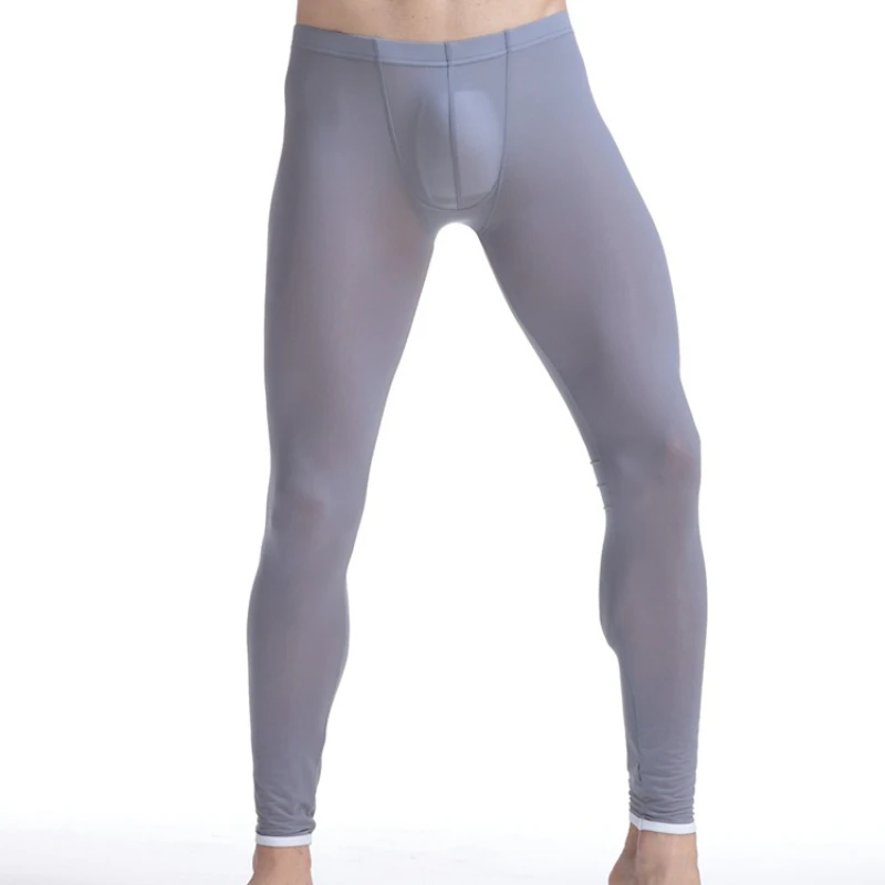 

Мужские леггинсы, нижнее белье, полупрозрачные домашние брюки из ледяного шелка, узкие сексуальные тонкие U-образные выпуклые мешочки, нижнее белье, длинные кальсоны, брюки-бикини