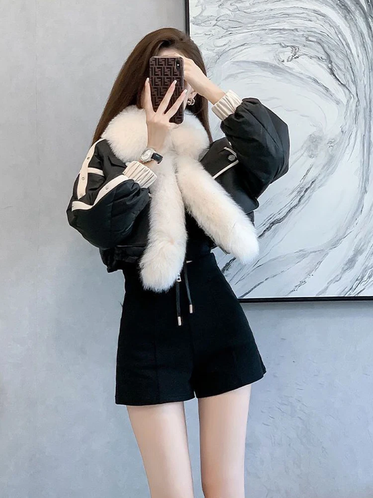 2024 Winter Warm PU Leather Coats Faux Fox Fur Jacket Big Fur Collar Short Jacket Fashion Black Cotton Padded Lady Down Jacket