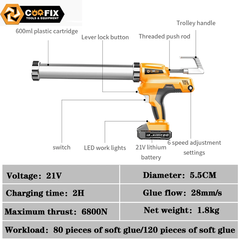 Coofix 21V Electric Cordless Glass Caulking Gun Rubber Sealant Gun Home Sealant Glue Gun With Battery Multi-Function Diy