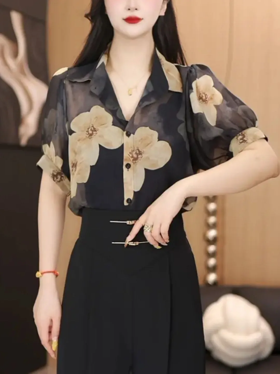 Ele Leggero Lanterna con stampa floreale Sve Donna irt Estate Nuovo Sle Versatile Dimagrante Aria condizionata Piccolo irt