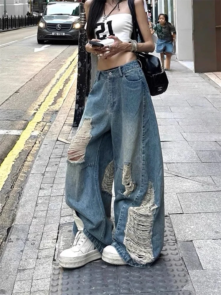American Vintage High Waisted Ripped Jeans for Women Summer High Street Designed Loose Slim Draped Wide Leg Floor Length Pants