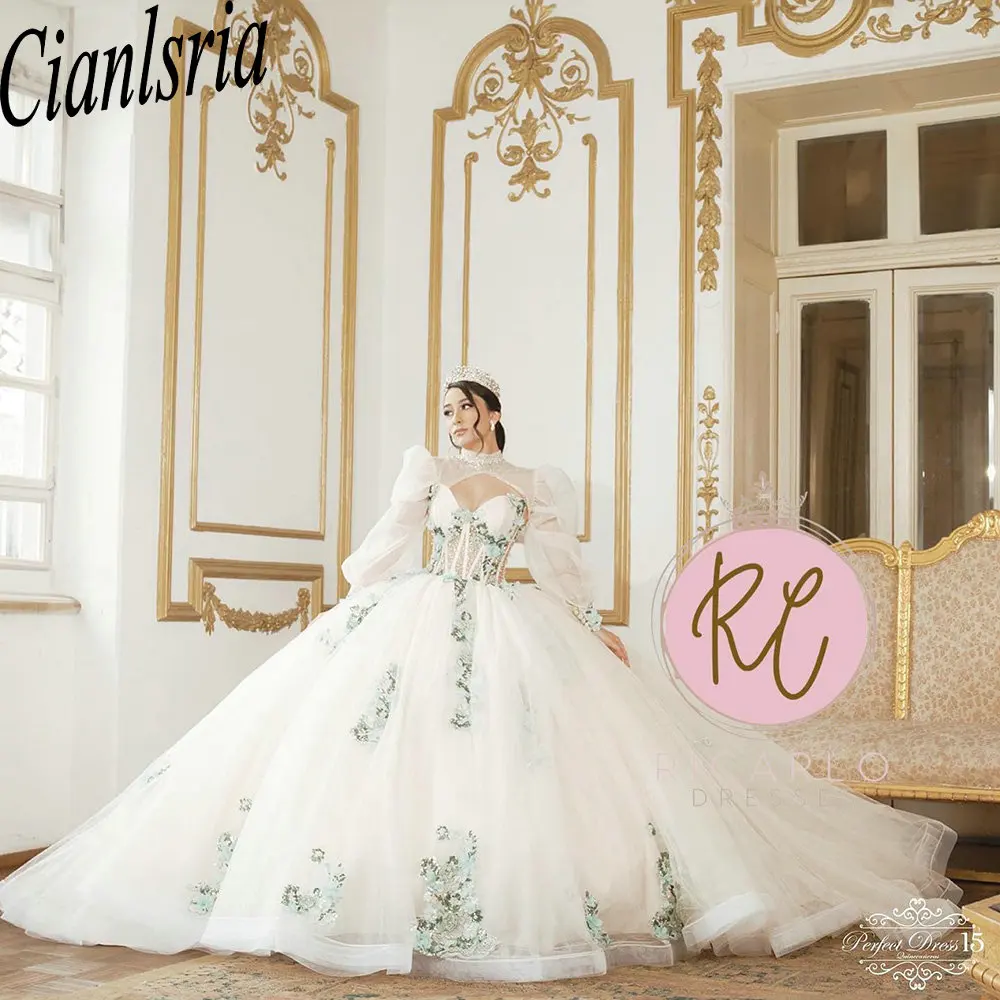 Princess Illusion 3D Flowers Appliques Lace Ball Gown Quinceanera Dresses With Jacket Crystal Beading Corset Vestidos De 15 Años