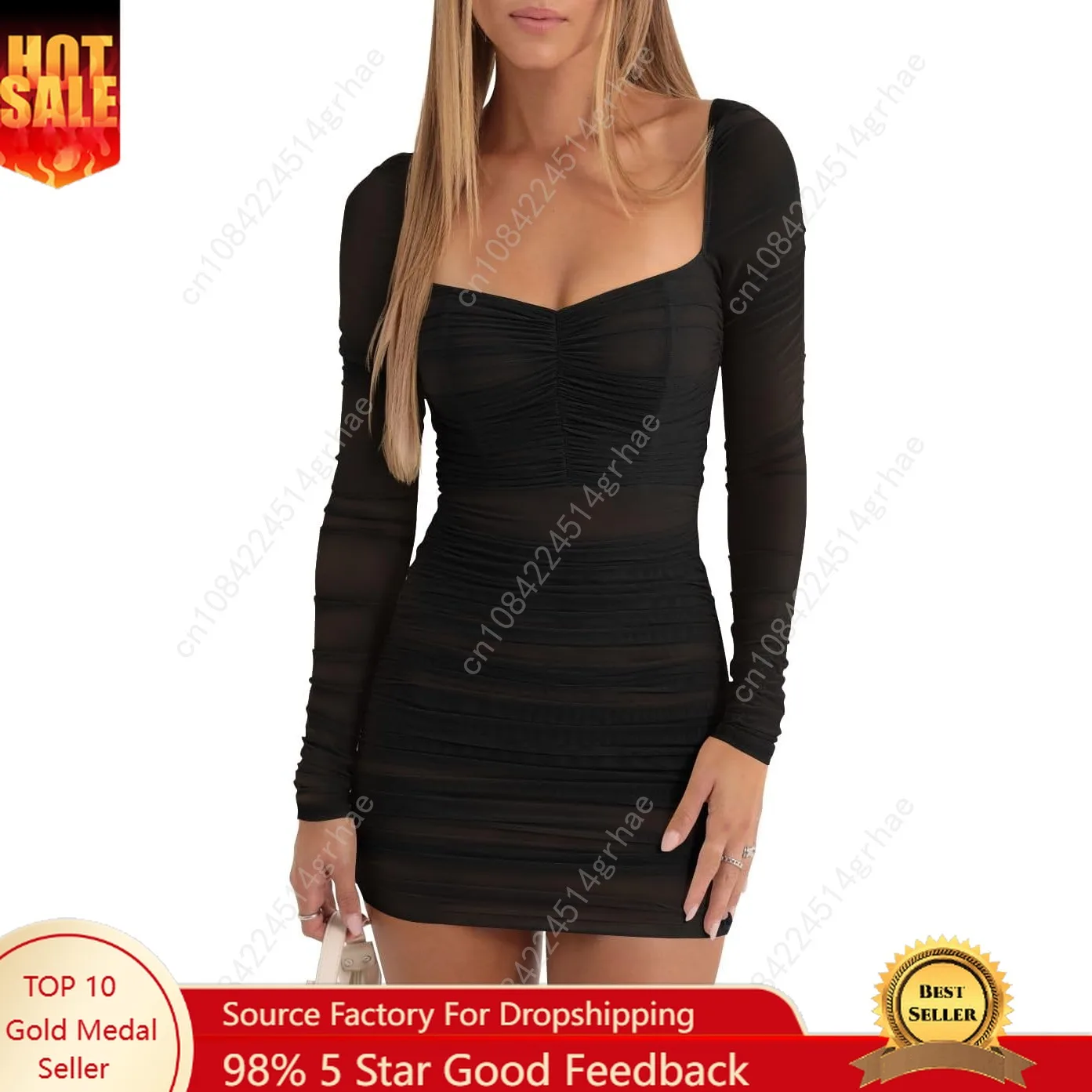 

Women's Sexy Mesh Square Neck Long Sleeve Ruched Bodycon Party Club Mini Dress