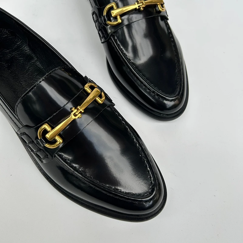 Jenny&Dave 2024 Autumn New Shoes Retro Black Leather Loafers Women Ladies British Fashion Metal Buckle Flat Shoes