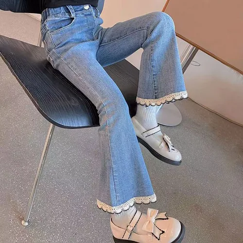 여아용 비즈 레이스 데님 바지, 신축성 허리 단색 바지, 캐주얼 청바지, 2024 가을  Best5