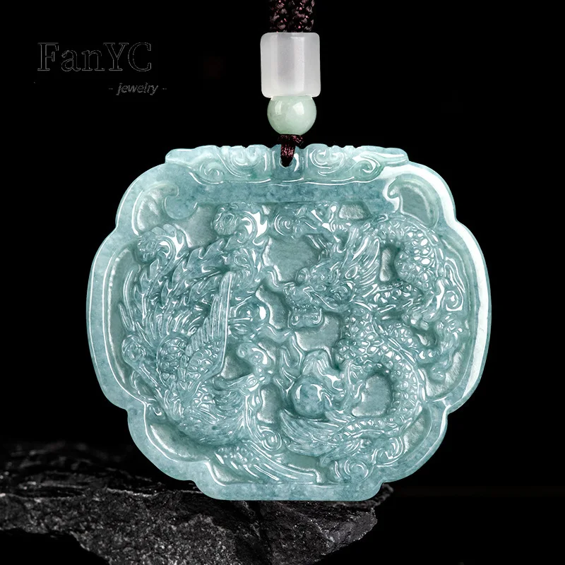 

Myanmar A-goods Jadeite Blue Water Dragon and Phoenix Pendant Hand-carved Ice Jade Necklace Couple Men and Women Holiday Gift