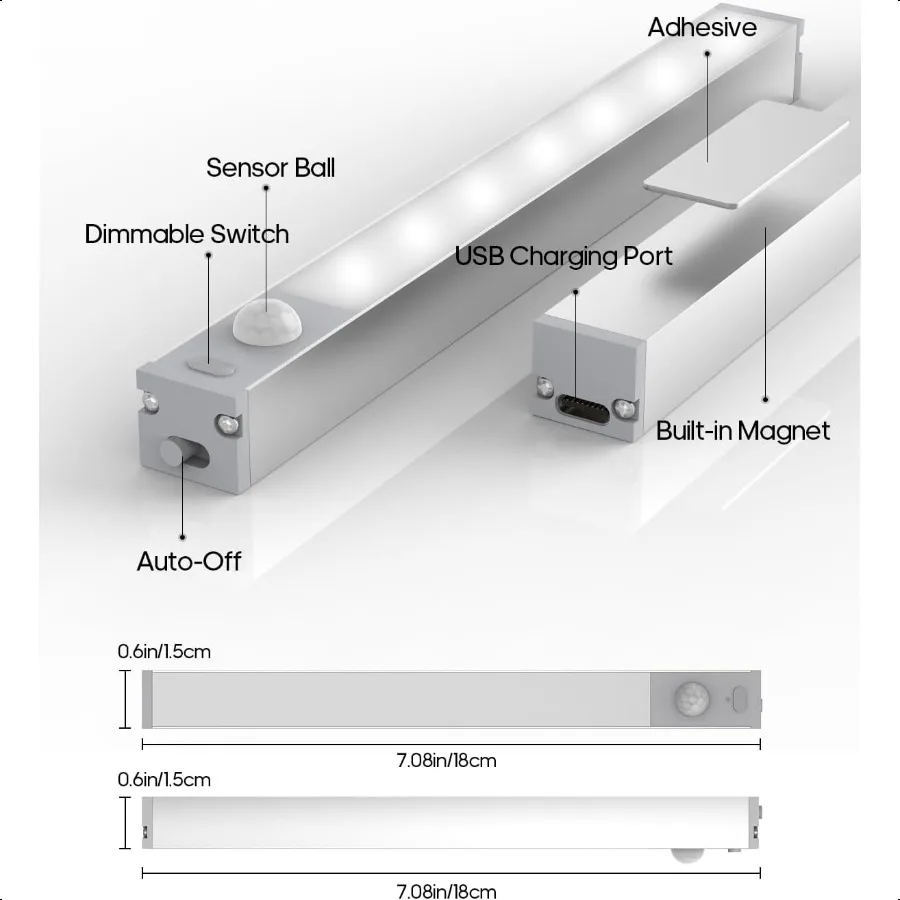 6パックLEDアンダーキャビネットライト、充電ステーション付きワイヤレス、7つの充電式モーションセンサーライト、屋内調光可能なクローゼットライト