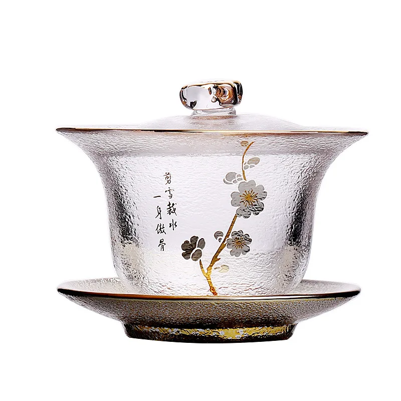 Plum Blossom Tea Cup,Heat-resistant Hammer Patterned Glass Cup,Gold Rimmed Lid Bowl,Three Talented Kung Fu Respectful Tea Bowl
