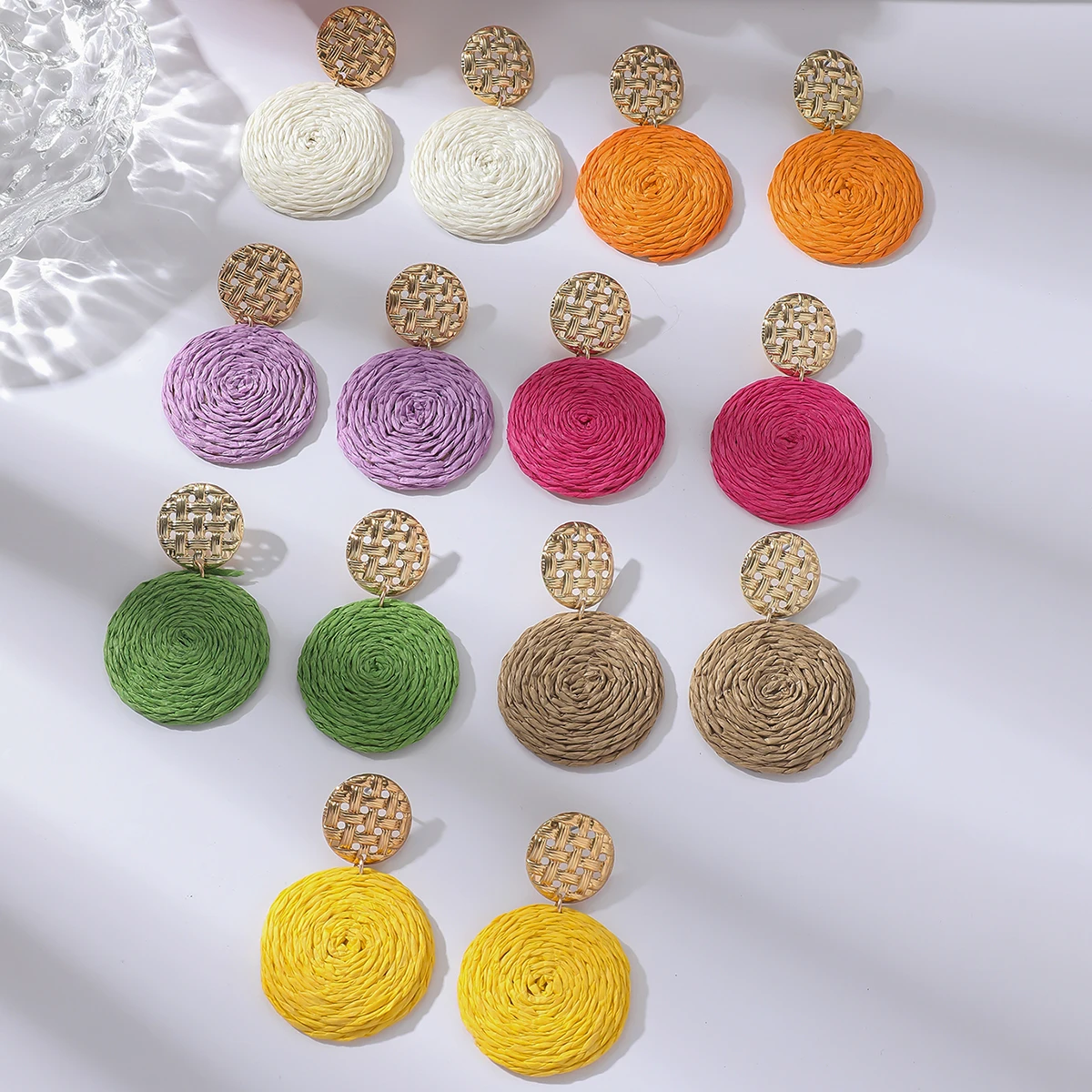 Bohemian-inspired handmade raffia circle earrings Fresh and sweet-styled colorful geometric ear accessories Perfect for women's
