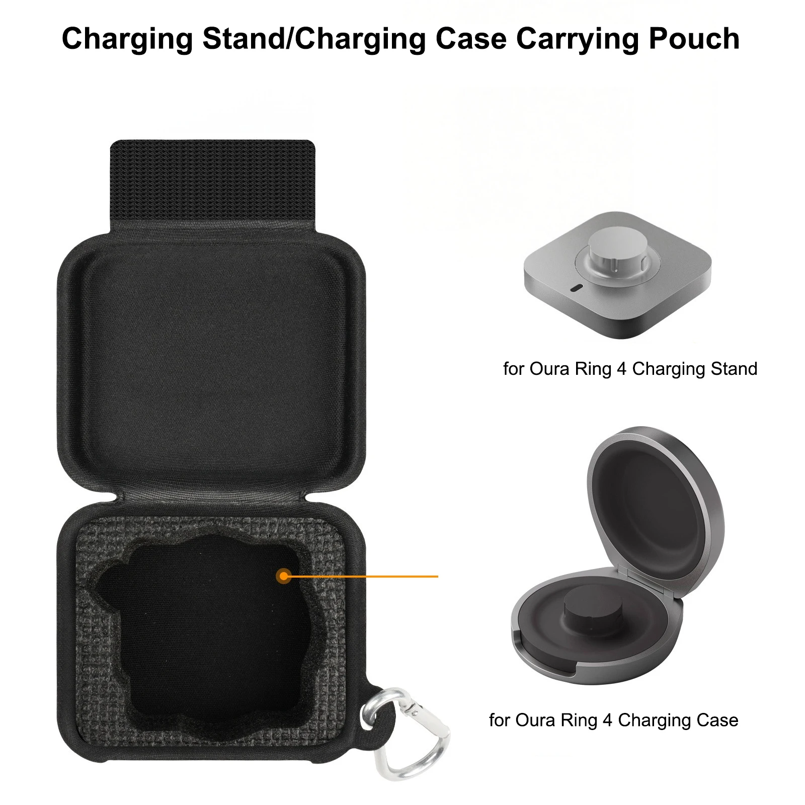 Portable Carry Pouch For Oura Ring 4 Charging Dock & Case Hard Shell Shockproof Oxford Water-Repellent Durable Hook Anti-Scratch