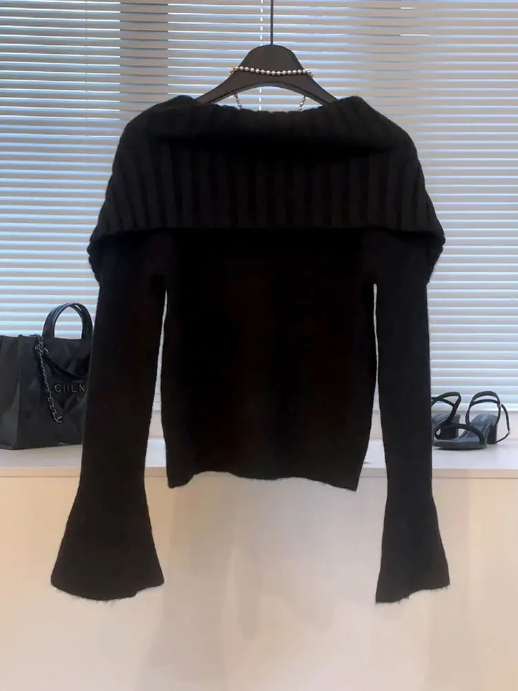 بلوفر كوري أنيق بياقة كبيرة على الطراز الفرنسي القديم بكتف واحد، بلوزة محبوكة بأكمام قصيرة راقية ومتعددة الاستخدامات للنساء #5