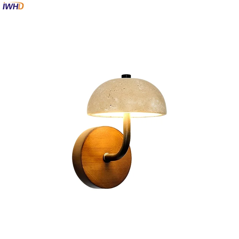 

IWHD Wood Canopy LED Wall Lamp Sconce Bedroom Study Stone Lampshade Vintage Loft Decor Makeup Mirror Wall Light Lampara Pared