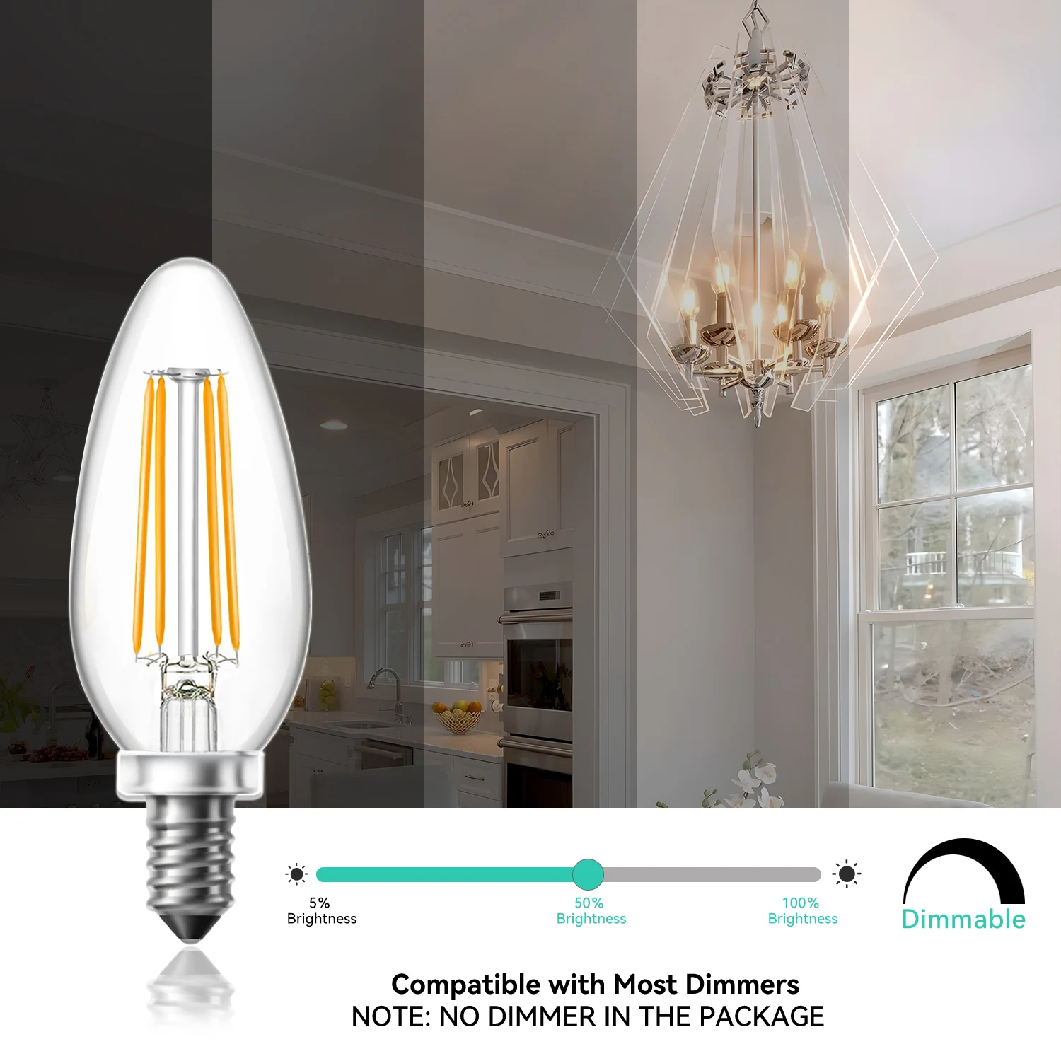 6/12/24 PACK, LED Lampshade Bulb Adjustable, 4.5W (500 Lumens) 2700K Dimmable, E12 Base, High Transmittance Glass, B11 Retro Long-filament Transparent Glass Candle Lamp, Suitable for Ceiling Fan Chandeliers